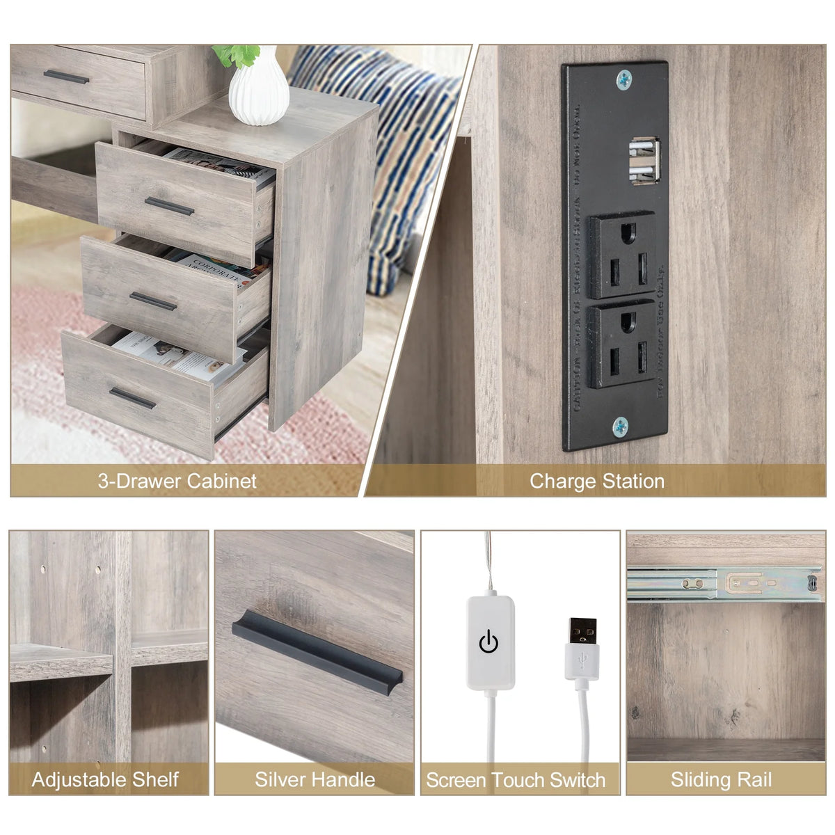 Coiffeuse Ktaxon avec miroir éclairé à 3 couleurs & station de charge, table de maquillage avec 3 étagères de rangement & tiroirs, bureau de toilette avec tabouret, gris rétro