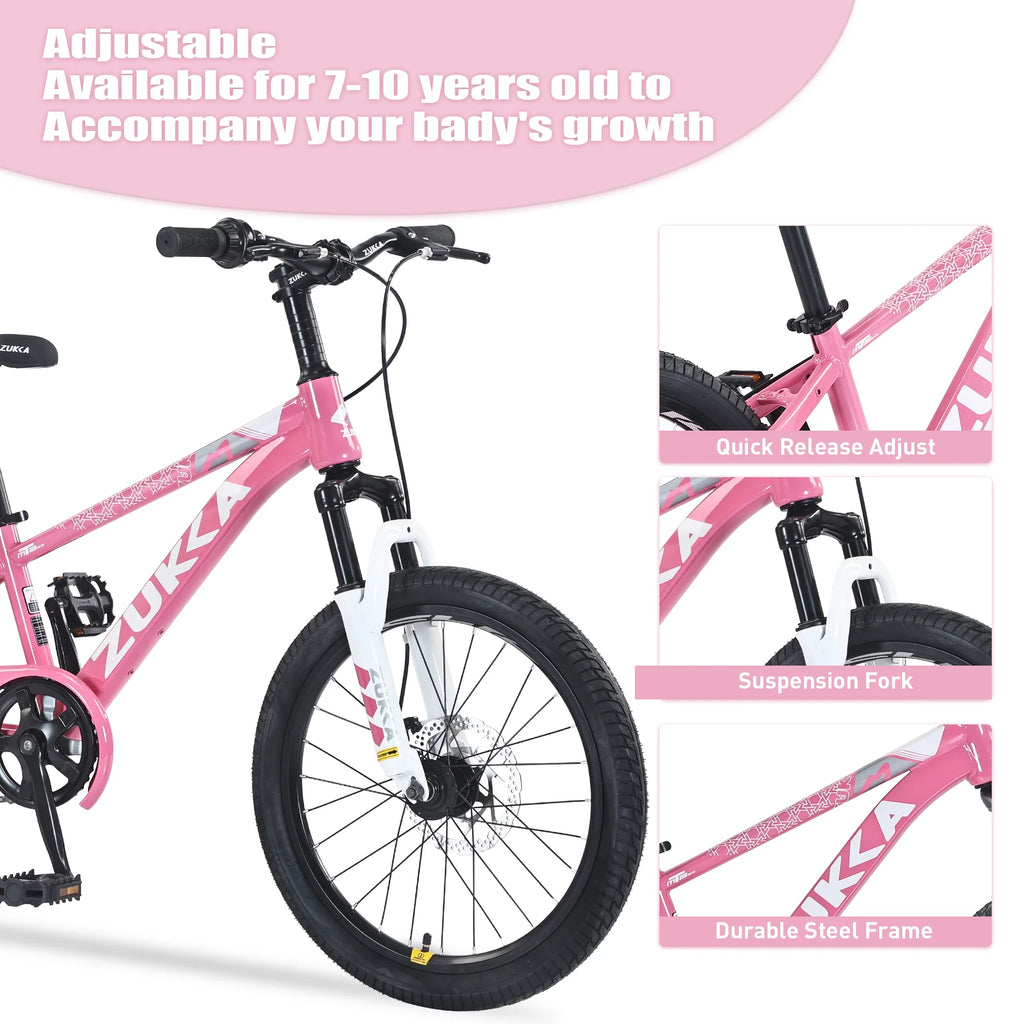 Vélo VTT pour enfant Zukka 20 pouces, cadre en acier, modèle hardtail, pour enfant de 7 à 10 ans, rose
