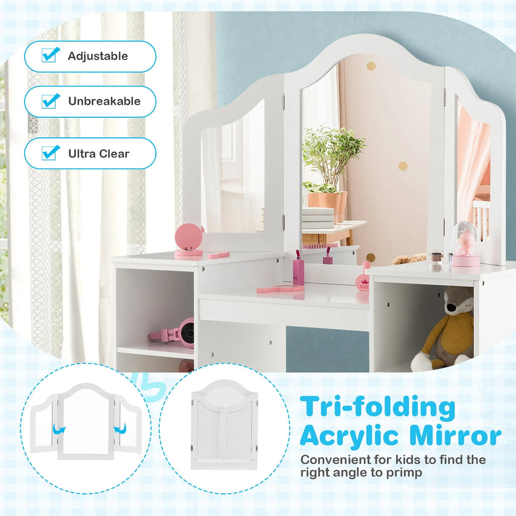 Coiffeuse pour enfant Gymax 2 en 1 Ensemble maquillage princesse avec chaise et miroir pliant sécurisé Blanc
