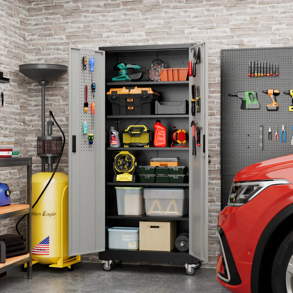 SUPEER Armoires de rangement métalliques à roulettes avec portes verrouillables et 5 étagères réglables, Armoire de rangement en acier pour garage, bureau, salle de classe, Assemblage requis(Noir)