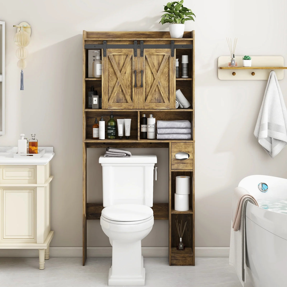 Meuble de rangement au-dessus des toilettes, meuble de rangement de style maisonnette au-dessus des toilettes avec portes coulissantesÉtagère de rangement gain de place pour toilettes, pour salle de bains, toilettes, buanderie
