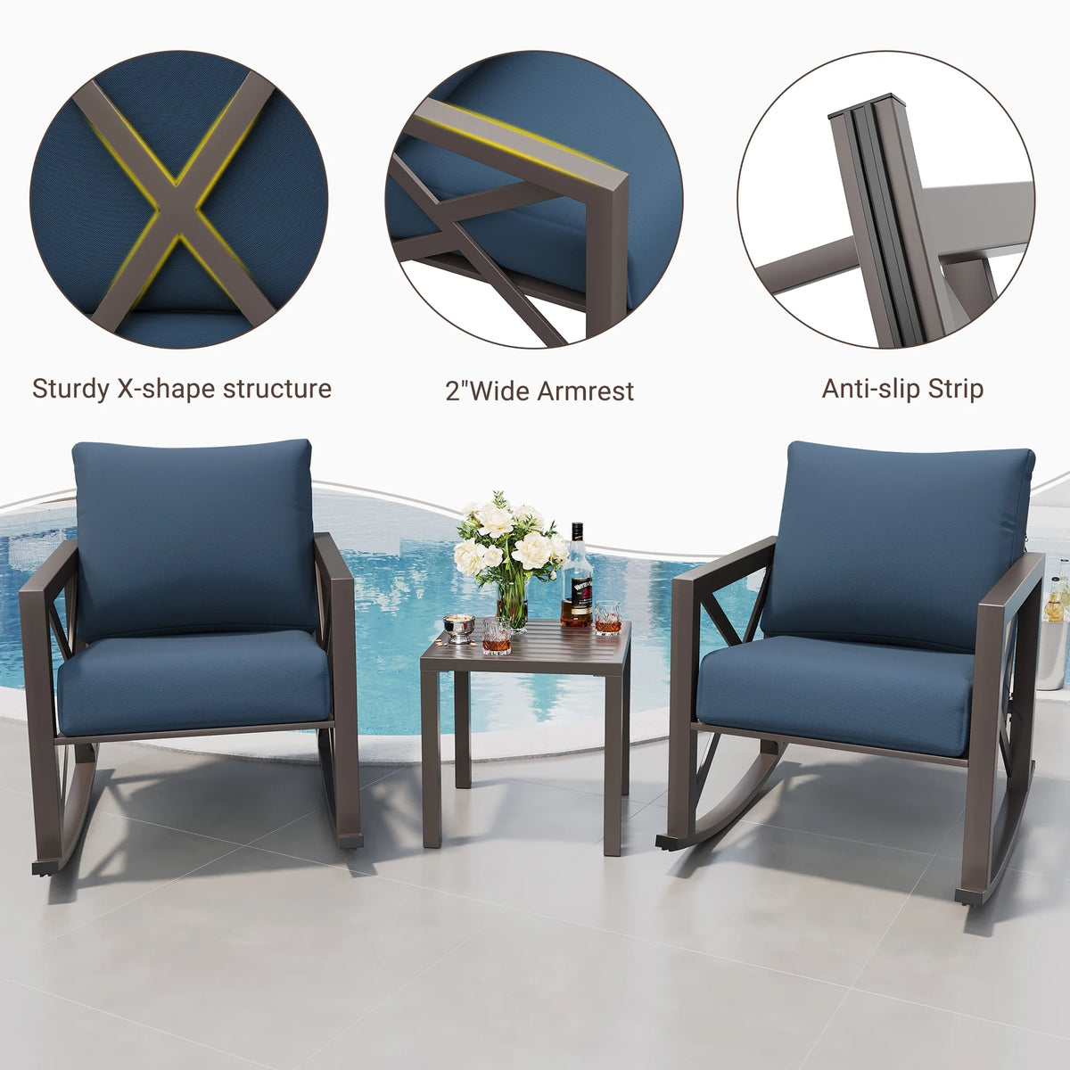 Ensemble de bistrot MRUAKA avec chaises à bascule, ensemble de mobilier de patio extérieur 3 pièces avec 2 chaises à bascule et 1 table basse en métal avec coussins épais pour porche, cour arrière, bord de piscine, beige