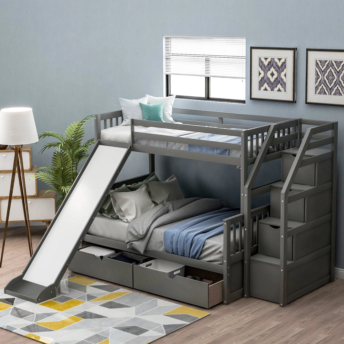 Lit superposé Euroco Wood avec lit simple au-dessus et lit double en dessous, tiroirs et toboggan, gris