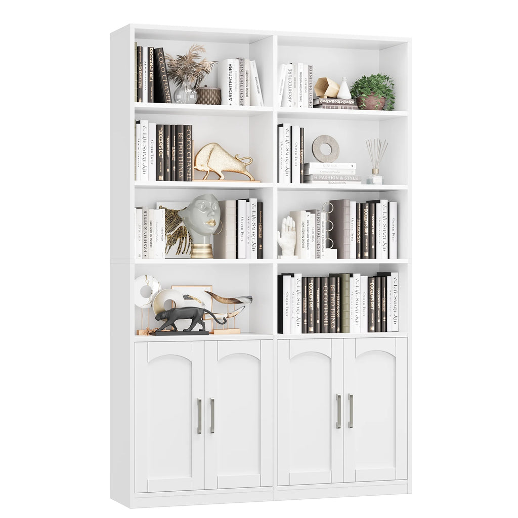 Bibliothèque haute Homfa 73 avec portes, 8 compartiments, 6 niveaux, double rangée, blanche, pour salon et bureau à domicile