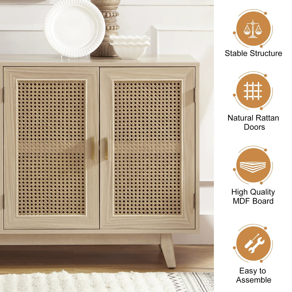 Buffet Boho en bois à 3 portes, meuble de rangement avec portes en rotin, noyer