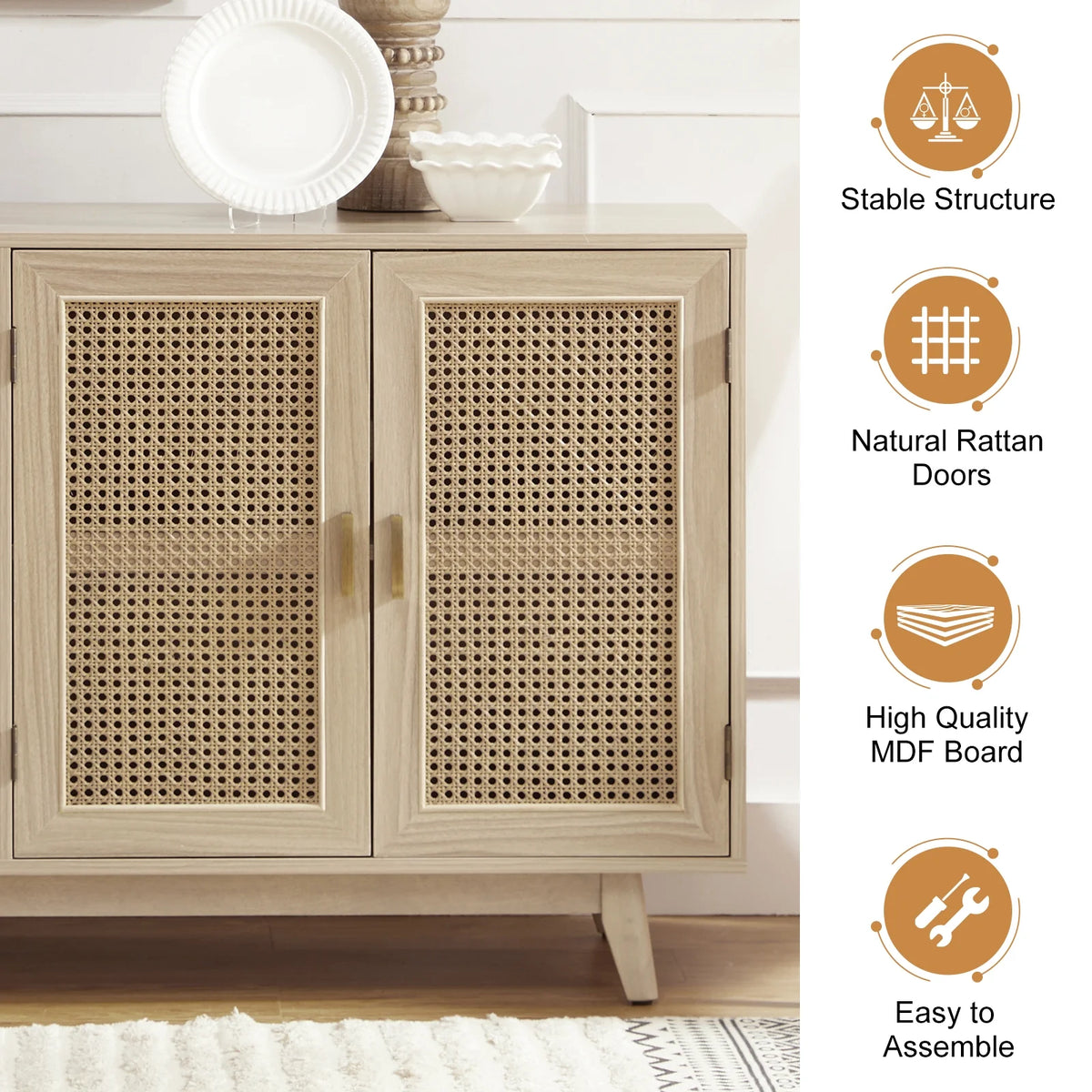 Buffet Boho en bois à 3 portes, meuble de rangement avec portes en rotin, noyer