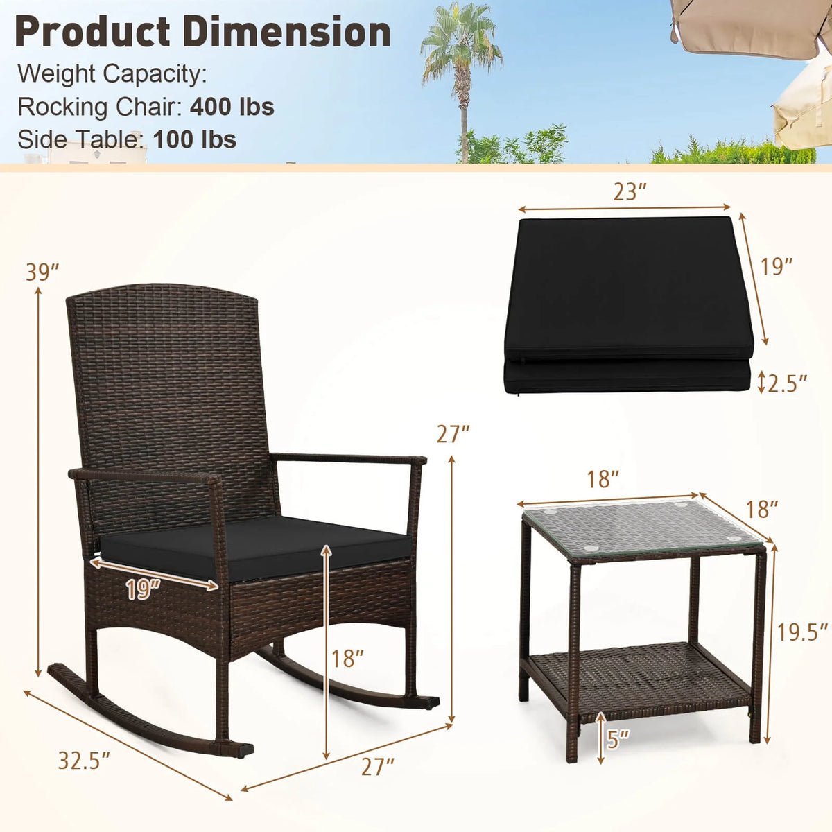 Costway Serenity Ensemble de patio 3 pièces avec fauteuils à bascule en résine tressée, coussins blancs et table basse à 2 niveaux