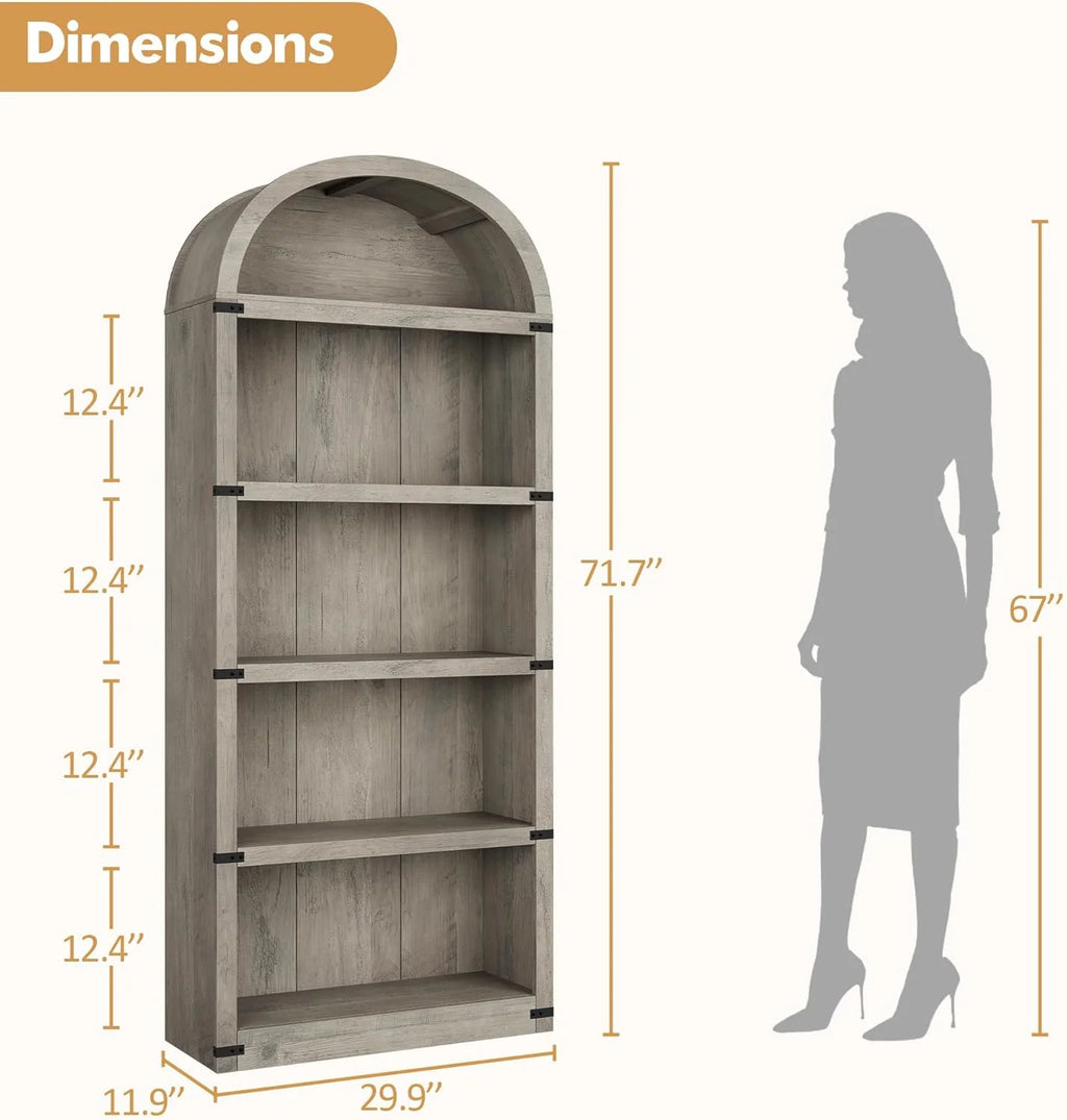 Bibliothèque à 5 étagères avec arche, 182 cm de haut, meuble de rangement et d’exposition de style rustique en bois pour bureau, salon ou maison (blanc)