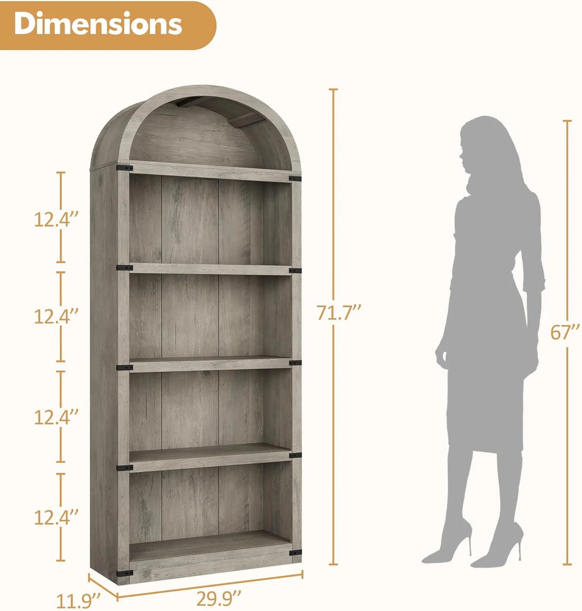 Bibliothèque à 5 étagères avec arche, 182 cm de haut, meuble de rangement et d’exposition de style rustique en bois pour bureau, salon ou maison (blanc)