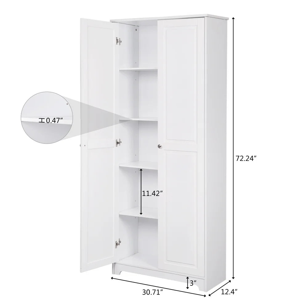 Armoire de rangement Tcbosik à 2 portes, garde-manger de cuisine de 72,2 po de haut avec étagères réglables, meuble sur pied pour salon, salle à manger ou chambre, blanc