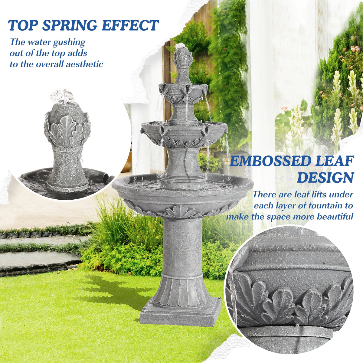 MAGIC UNION Fontaine d’eau de jardin d’extérieur, fontaines et cascades italiennes de 48,4 po de haut, grande fontaine d’intérieur à trois niveaux avec cascade et bulleur, avec pompe, pour la décoration de la maison et de la cour