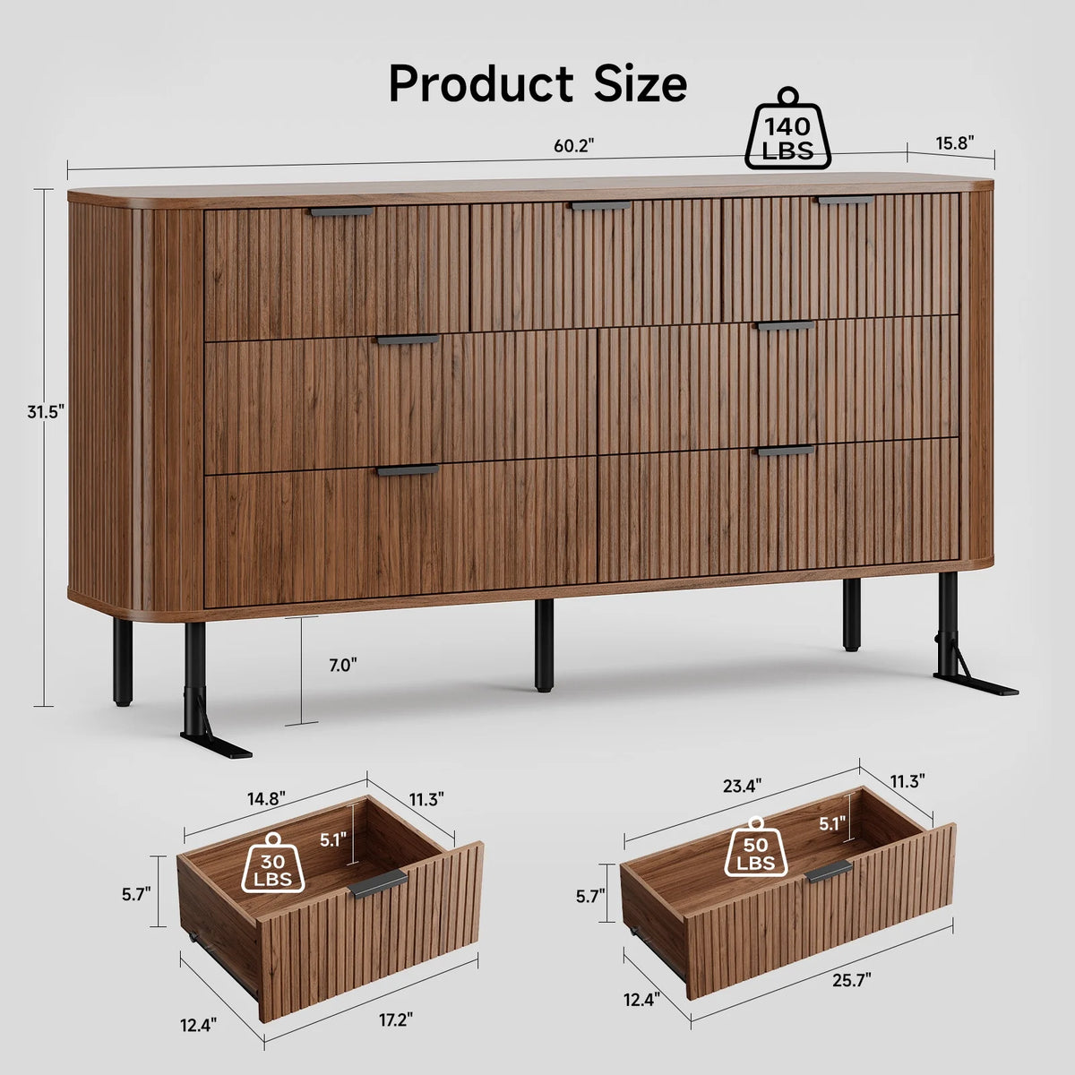 Commode cannelée à 7 tiroirs pour chambre, largeur 60 pouces, moderne, en bois, avec poignées en métal, design aux lignes courbes – Idéale également comme meuble TV pour salon ou couloir, noir