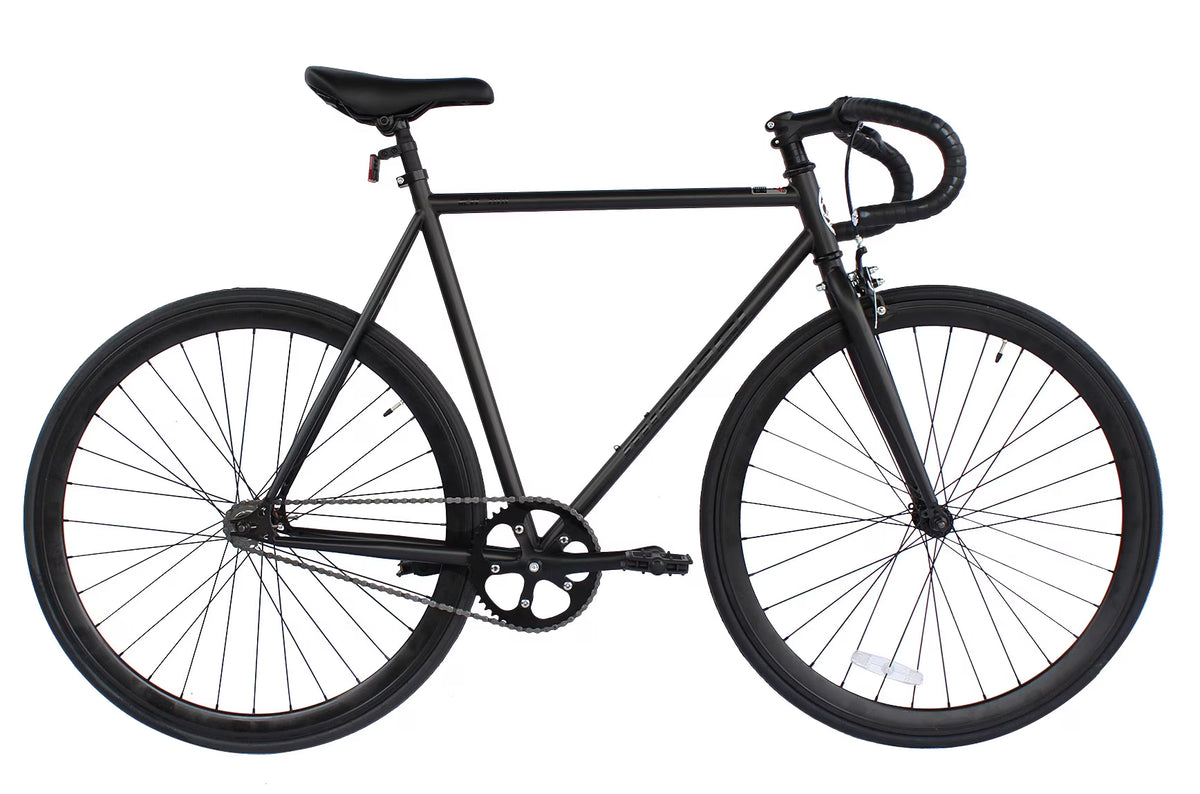 Vélo fixe Wonder Wheels 700C 57 cm, cadre en acier Hi-Ten, freins à commande latérale, jantes noires en alliage 700C*1.5*14G*32H*H30, rayons noirs, pneu noir. - Noir mat et noir