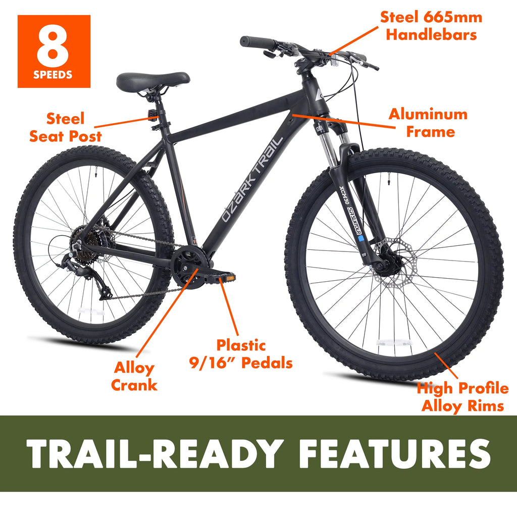 Vélo tout-terrain Ozark Trail 27.5 Vibe, Cadre petit, Convient aux cyclistes de 1,52 m à 1,68 m, Noir, Adulte, Unisexe