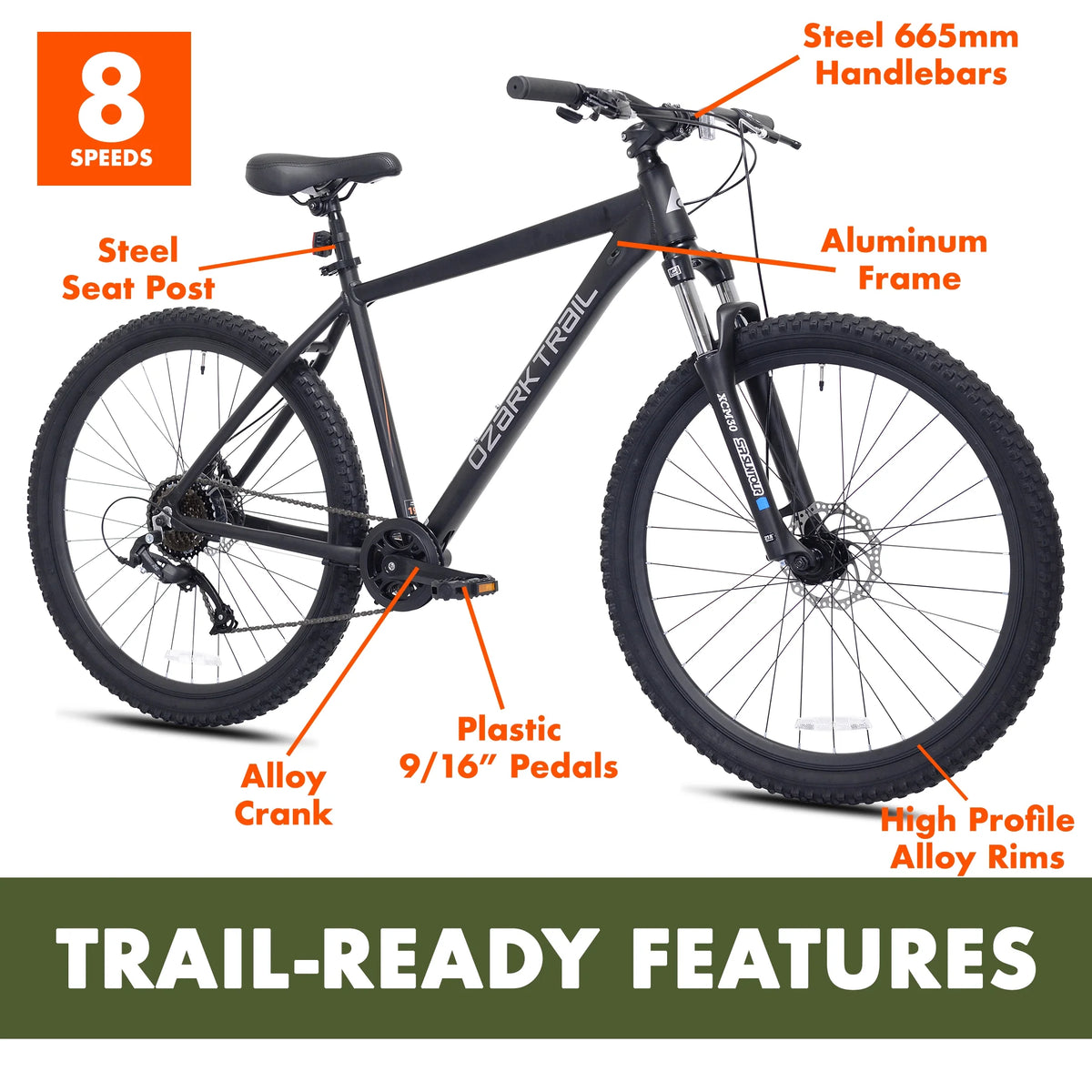 Vélo tout-terrain Ozark Trail 27.5 Vibe, Cadre petit, Convient aux cyclistes de 1,52 m à 1,68 m, Noir, Adulte, Unisexe