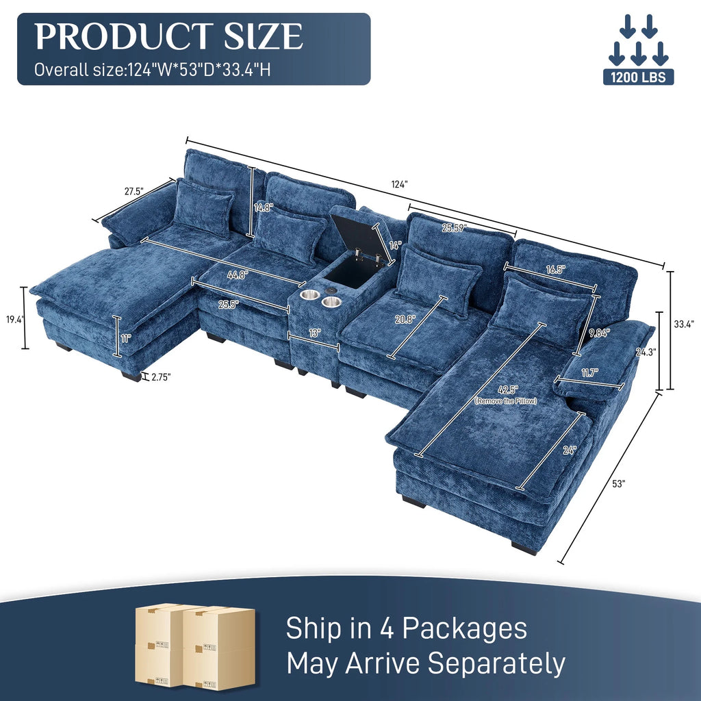 Canapé modulable en U Wiilayok Cloud Couch, méridienne double extra profonde de 124 cm en chenille duveteuse, console centrale avec ports USB-C et A doubles, gris tempête