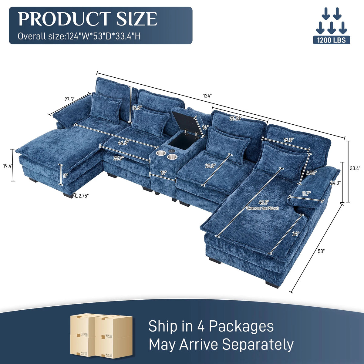 Canapé modulable en U Wiilayok Cloud Couch, méridienne double extra profonde de 124 cm en chenille duveteuse, console centrale avec ports USB-C et A doubles, gris tempête