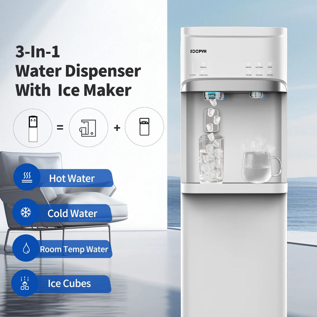 SOOPYK Distributeur d’eau chaude et froide 3-en-1 avec machine à glaçons à chargement inférieur pour bonbonne de 3 ou 5 gallons, capacité quotidienne de 22 lb, glaçons en forme de balle, noir