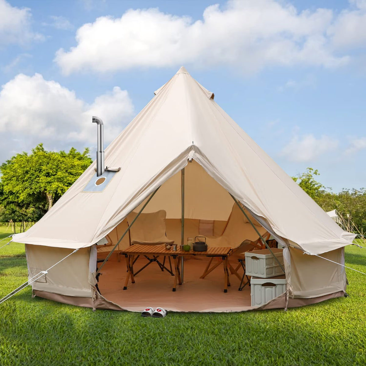 LVUYOYO Tente cloche pour le camping, Tente en coton de luxe, Tente en toile style yourte avec conduit de cheminée, Tente cloche en toile d'extérieur pour famille de 4/6/8 personnes Camping 4 saisons