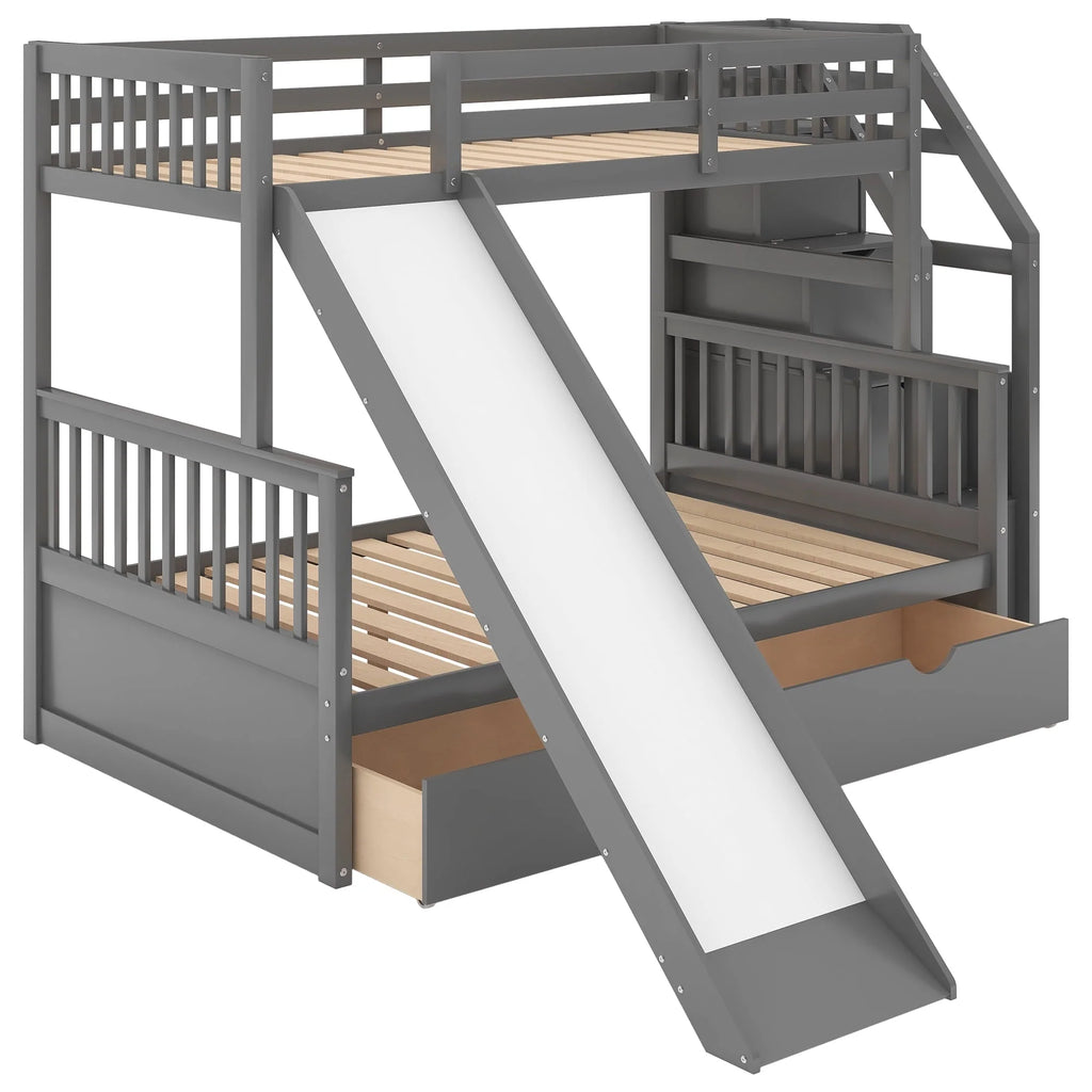 Lit superposé Euroco Wood avec lit simple au-dessus et lit double en dessous, tiroirs et toboggan, gris