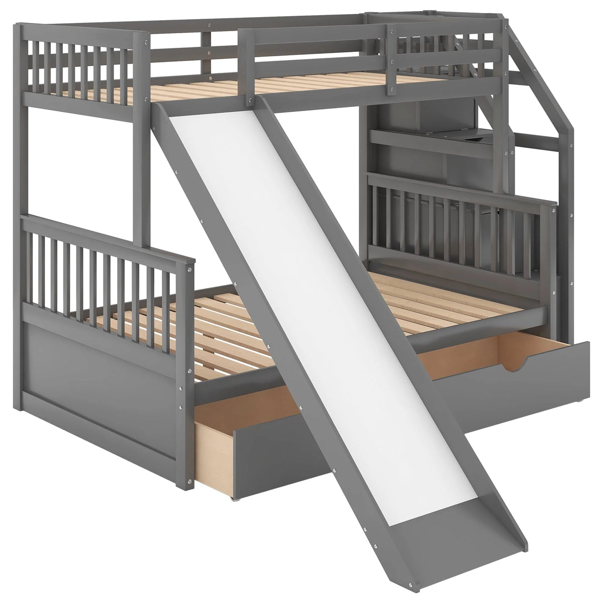 Lit superposé Euroco Wood avec lit simple au-dessus et lit double en dessous, tiroirs et toboggan, gris