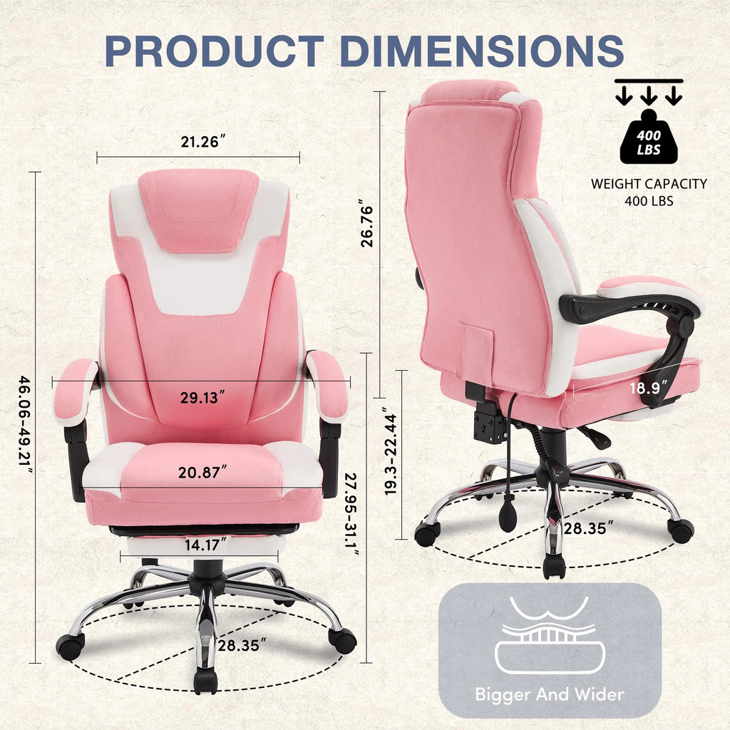 JONPONY Fauteuil de bureau Grande Taille 400lbs, Fauteuils de bureau de direction inclinables avec repose-pieds, Fauteuil de bureau à domicile à dossier haut Accoudoirs épais, Support lombaire ergonomique réglable, RoseBlanc