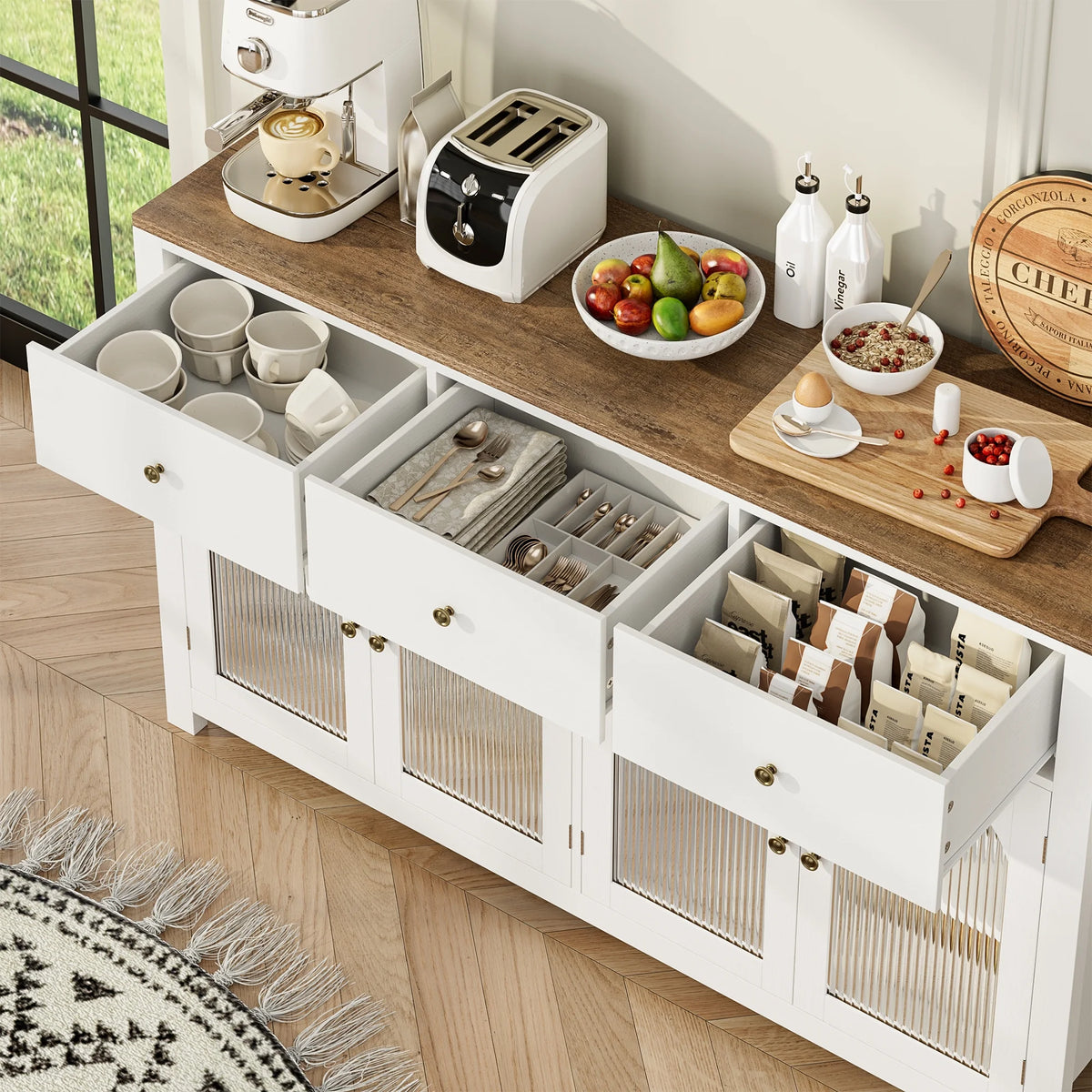 Homfa Grand buffet de 55'', meuble de rangement de cuisine avec 3 tiroirs et 4 portes vitrées, meuble bar en bois pour salon, blanc