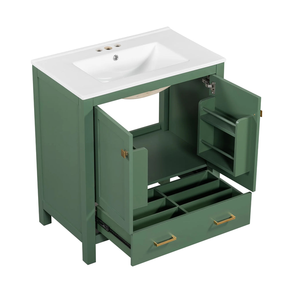 Meuble-lavabo de salle de bains Harper & Bright Designs 30 avec lavabo, armoire de salle de bains avec plateau en céramique, portes et tiroir de rangement multifonctionnels, vert