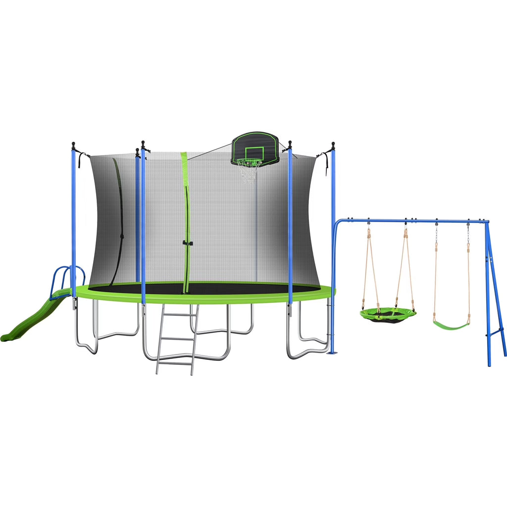 Trampoline de 12 pieds pour enfants et adultes, trampoline de loisir avec toboggan, balançoire, panier de basket et filet de protection, capacité de 600 lb pour 4 à 5 enfants