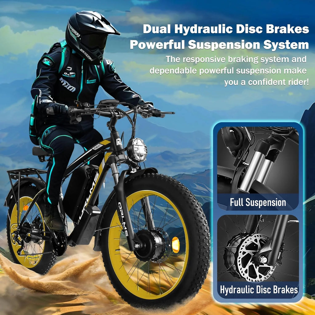 Vélo électrique 5000 W (crête) pour adultes, moto électrique avec batterie 60 V 25 Ah, vélo électrique à double moteur 80 km/h, vélo électrique à pneus larges 26 × 4,0, VTT à transmission intégrale et 21 vitesses pour tous les terrains UL 2849
