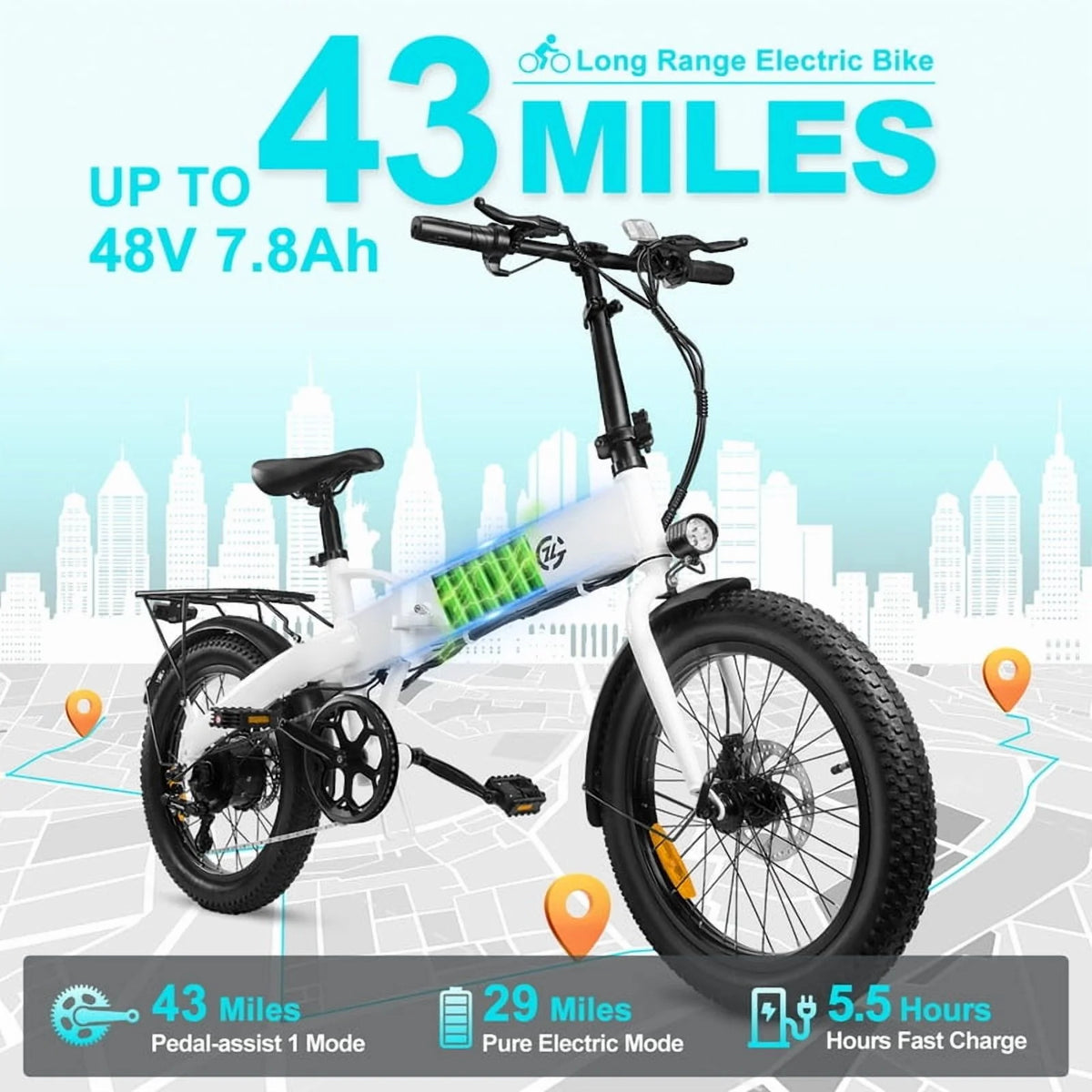 Vélo électrique pour adultes avec puissance de crête de 750 W, moteur de 500 W, pneus larges 20 x 2,5, vélo pliant, batterie 48 V 7,8 Ah offrant une autonomie de 43 mi, vitesse maximale de 24 mi/h