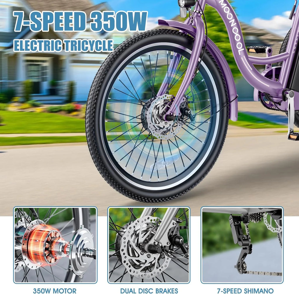 Tricycles électriques ABORON 24 26, batterie au lithium 36 V 10 Ah 350 W, triporteur électrique 7 vitesses pour adultes avec grand panier arrière et siège réglable