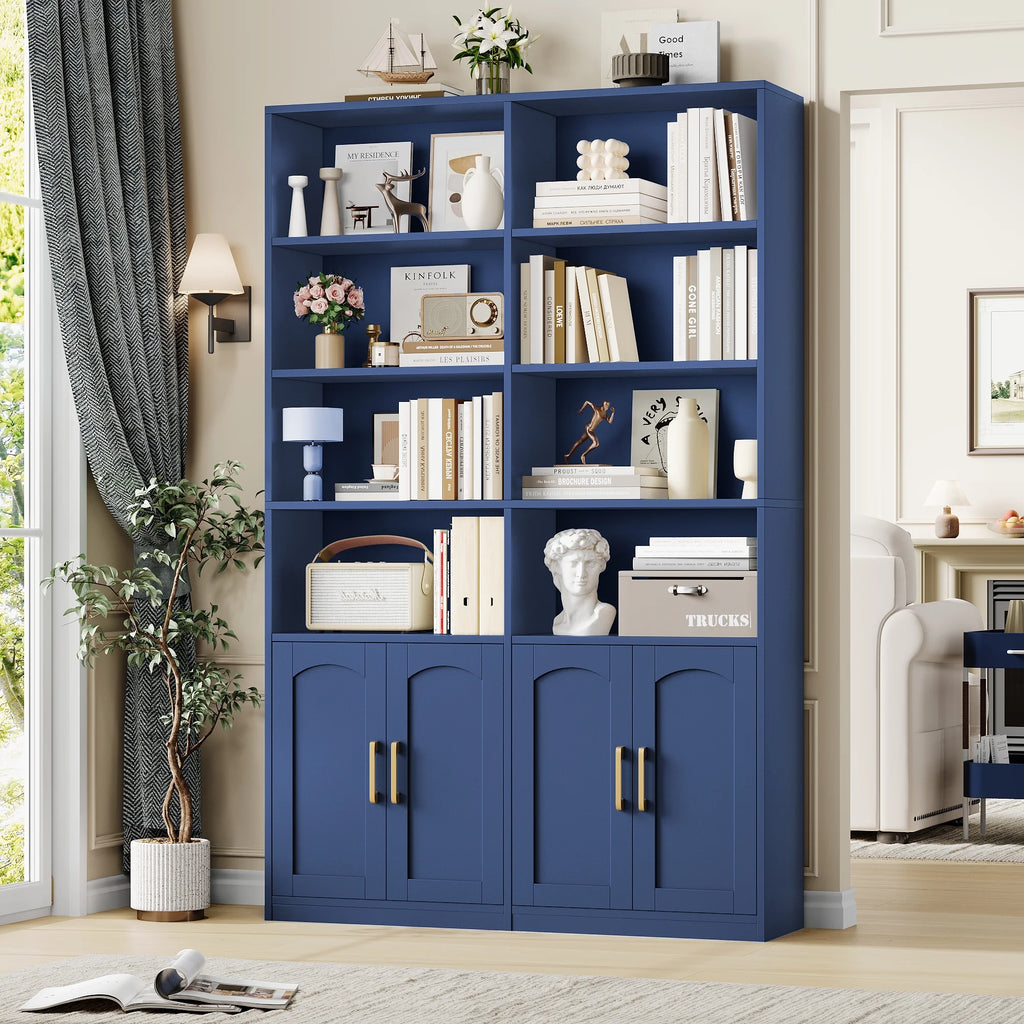 Bibliothèque haute Homfa 73 avec portes, 8 compartiments, 6 niveaux, double rangée, blanche, pour salon et bureau à domicile