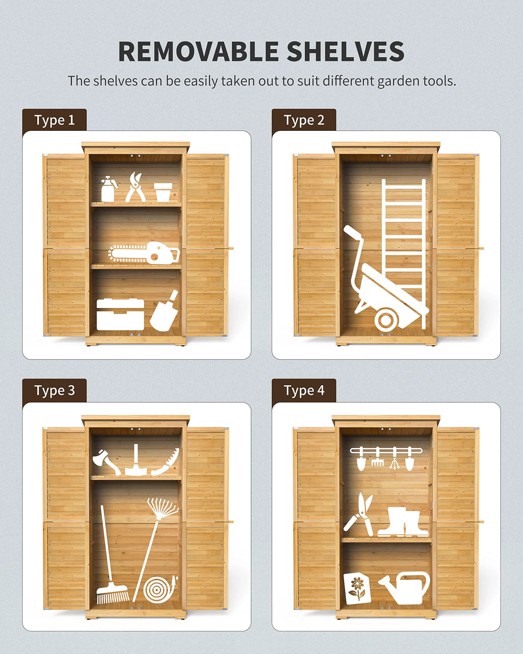 Abri de rangement extérieur large Aiho 55 avec portes doubles verrouillables - Abri de jardin résistant aux intempéries pour terrasse, jardin et pelouse, gris