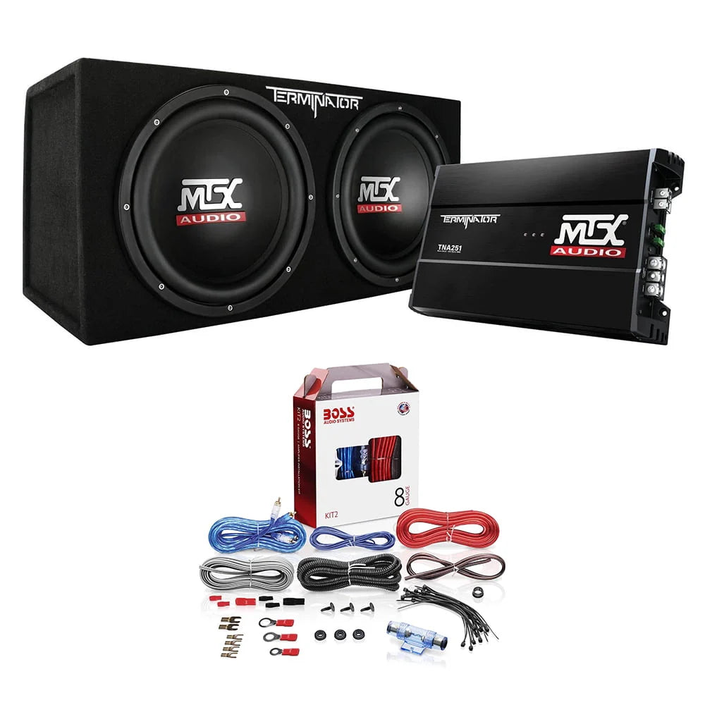 Pack audio MTX comprenant deux caissons de basses pour voiture de 12 pouces, caisson actif et amplificateur avec kit de câblage