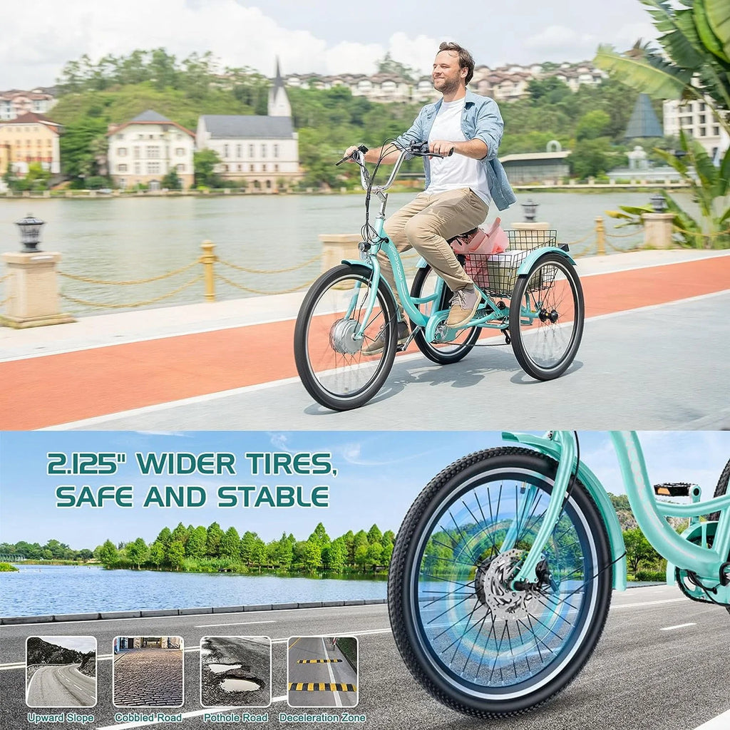 Tricycle électrique ABORON 350W, 7 vitesses, 24/26 pouces, motorisé, 3 roues, pour adultes, avec batterie au lithium 36V 10Ah certifiée UL, panier arrière
