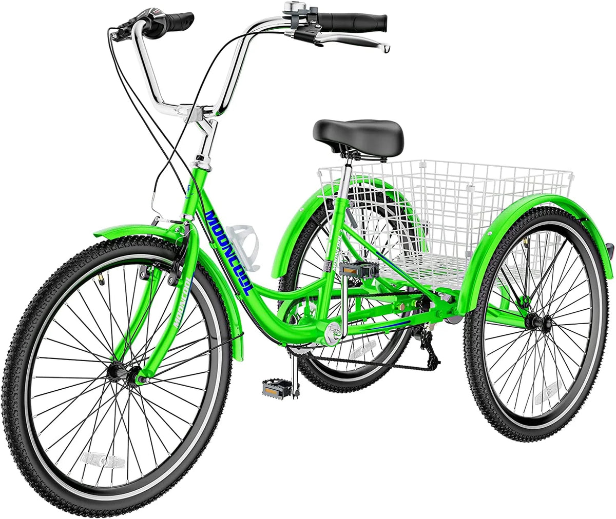 Tricycles pour adultes MOONCOOL avec panier arrière et pompe à pied, vélos à 3 roues 7 vitesses de 24 et 26 pouces, vélo à trois roues pour adultes avec dossier pour seniors, femmes et hommes