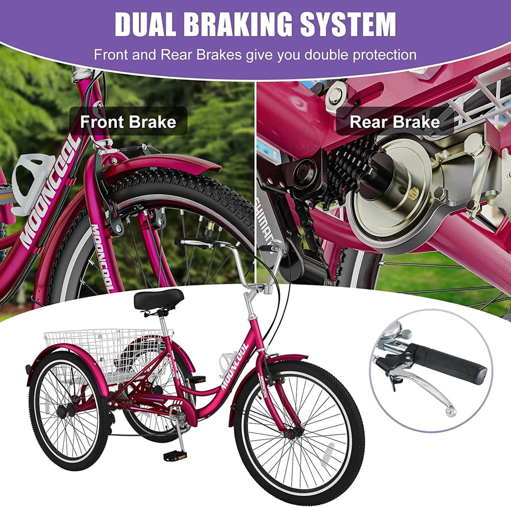 Tricycles pour adultes MOONCOOL avec panier arrière et pompe à pied, vélos à 3 roues 7 vitesses de 24 et 26 pouces, vélo à trois roues pour adultes avec dossier pour seniors, femmes et hommes