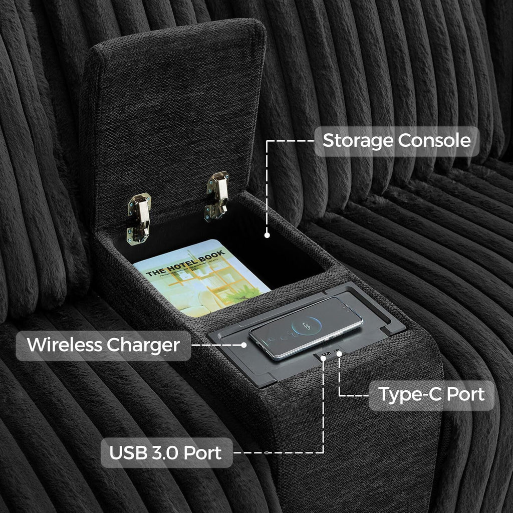 Canapé d’angle inclinable électrique avec chargeur sans fil, 6 places en fausse fourrure avec fauteuils inclinables, porte-gobelets dissimulés, console de rangement, ports USB et Type-C, noir