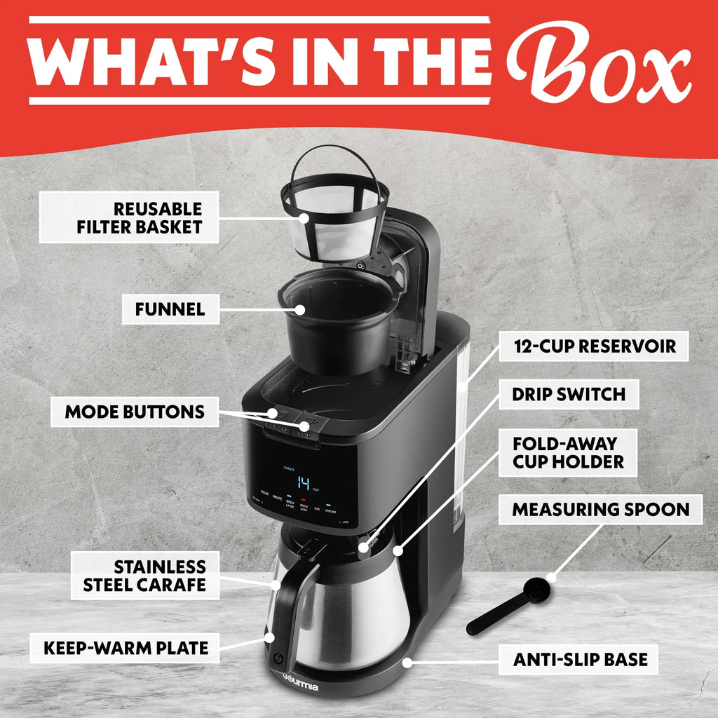Machine à café 2-en-1 Gourmia, à dosettes individuelles + filtre 12 tasses, compatible K-Cup, noire