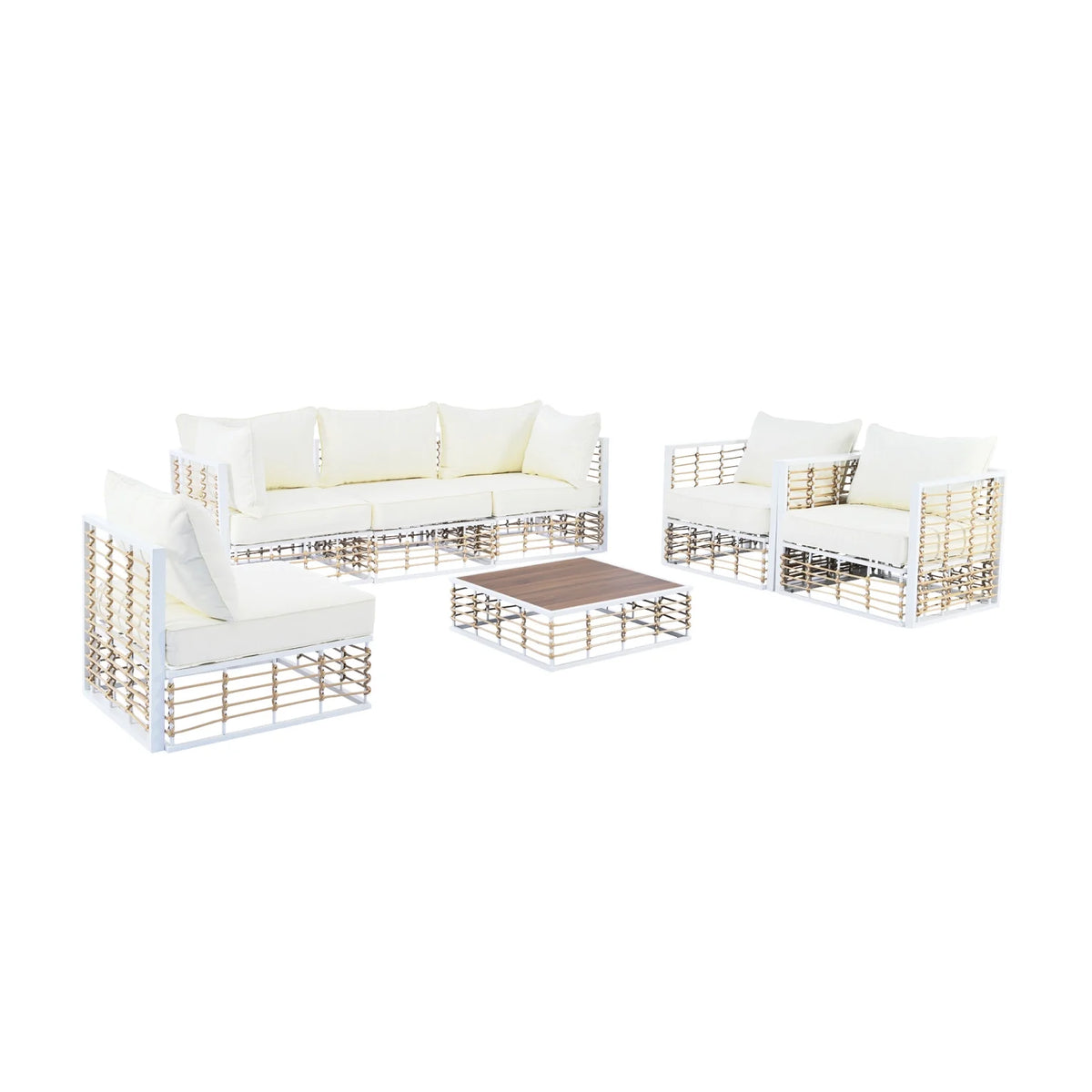 Ensemble de salon de jardin modulable en métal 7 pièces, canapé en rotin moderne et minimaliste avec coussins épais et table basse, salon d’extérieur toutes saisons pour jardin, bord de piscine et cour arrière, gris
