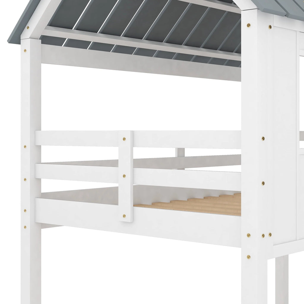 Lit superposé bas Euroco avec deux lits simples, toit et barrière de sécurité pour chambre d’enfant, blanc