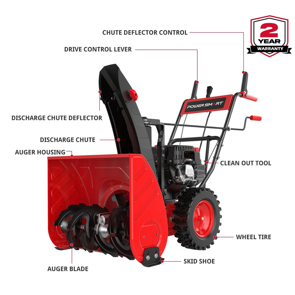 Souffleuse à neige à essence autotractée neuve de marque PowerSmart, 212 cc, 24 po, à deux étages, avec démarrage électrique 120 V et phare à DEL