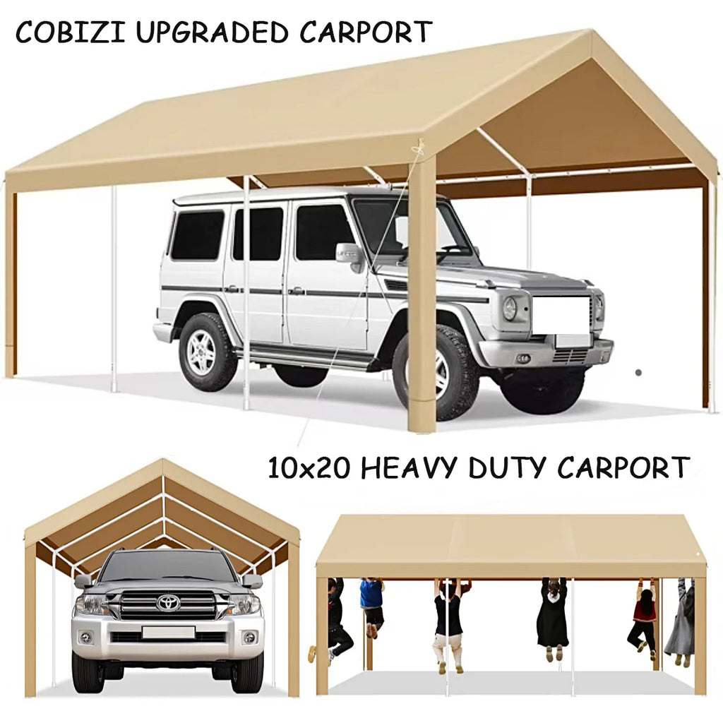 COBIZI Carport 10'x20' Grande tente pour voiture robuste avec structure en acier thermolaqué, garage portable avec parois latérales et portes amovibles, auvent pour voiture avec bâche toutes saisons pour fête en plein air, anniversaire, gris