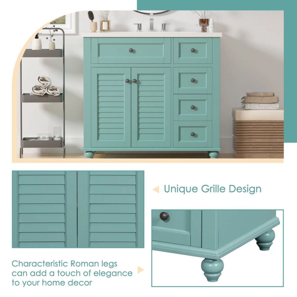 Meuble-lavabo de salle de bains Harper & Bright Designs 30 avec lavabo, armoire de salle de bains avec plateau en céramique, portes et tiroir de rangement multifonctionnels, vert