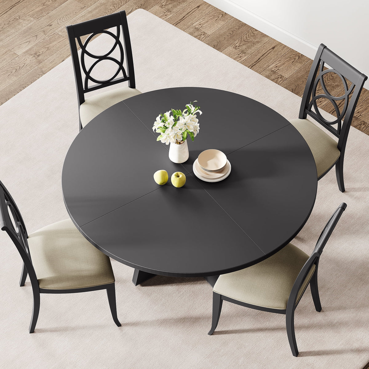 Ensemble de grande table à manger ronde de 47 po pour 4 à 6 personnes, table à manger en bois de style milieu du siècle avec plateau large et piètement en X, table de salle à manger pour la maison, la salle à manger ou le salon (chaises non incluses)