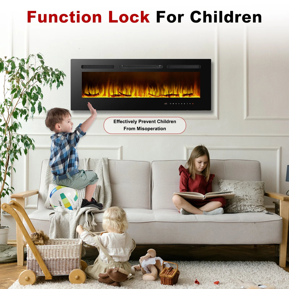 Cheminée électrique 60, cheminée encastrable ultra-fine et murale, cheminée linéaire avec minuterie, télécommande, couleur de flamme réglable, 750 w/1 500 w, noire