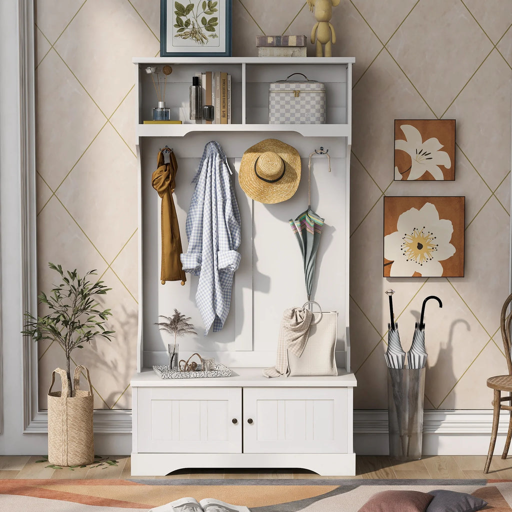 Vestiaire d’entrée avec banc rembourré et patères, banc d’entrée avec 3 crochets, 3 étagères ouvertes, 2 tiroirs et placards de rangement, banc de vestibule avec rangements et crochets pour entrée, vestibule ou couloir (beige)