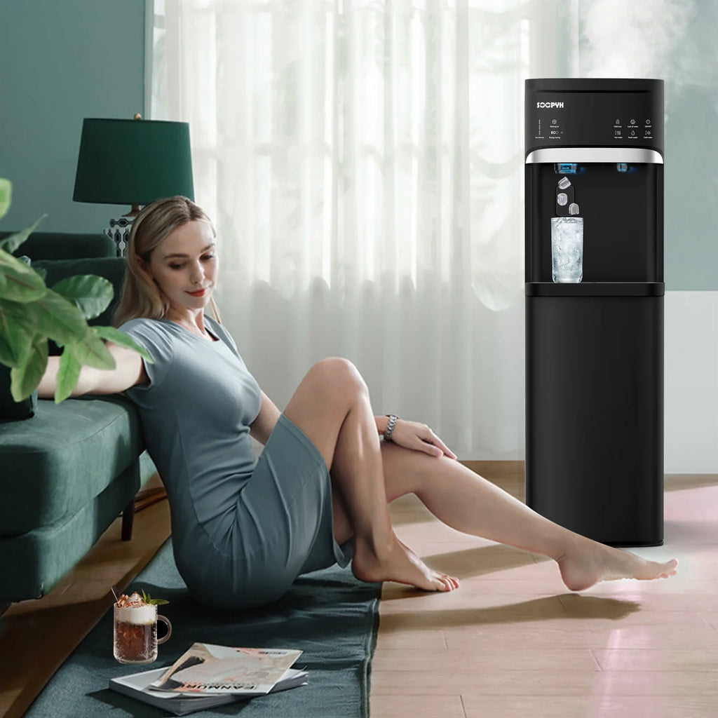 SOOPYK Distributeur d’eau chaude et froide 3-en-1 avec machine à glaçons à chargement inférieur pour bonbonne de 3 ou 5 gallons, capacité quotidienne de 22 lb, glaçons en forme de balle, noir