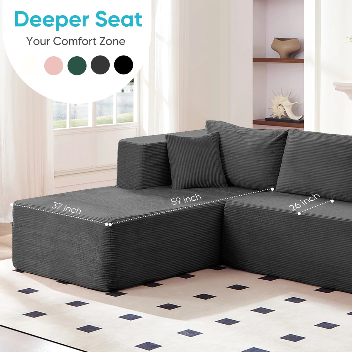 Canapé d’angle ZAFLY 106 Cloud avec méridienne, sans assemblage, canapé-lit en L, canapé modulable surdimensionné à assise profonde pour salon – droite, noir